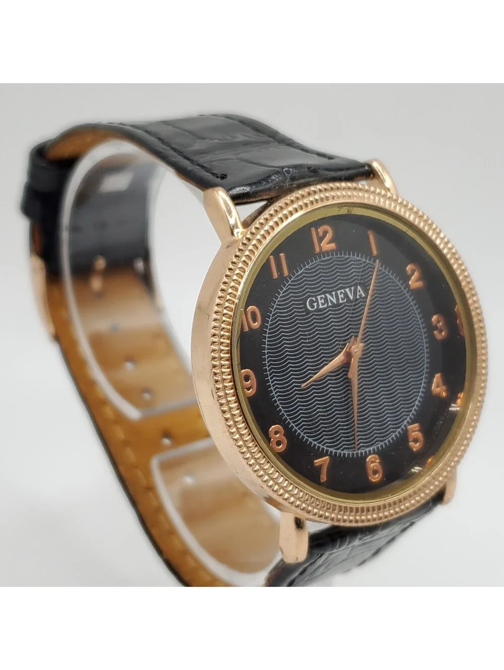 Geneva Quartz Watch 38mm Rose Gold Tone Black Leather Band New Battery